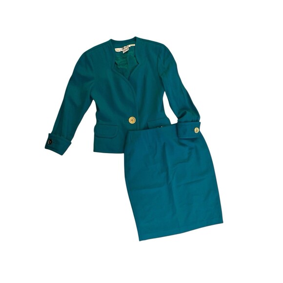 Bill Blass for Neiman‎ Marcus Wool Skirt Suit Size 8 Emerald Green 2 Piece Set - Picture 1 of 12